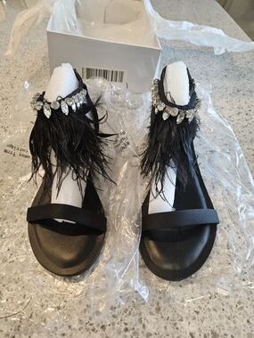 Steve Madden Adore Sandals Black Feather Rhinestone Ankle Strap